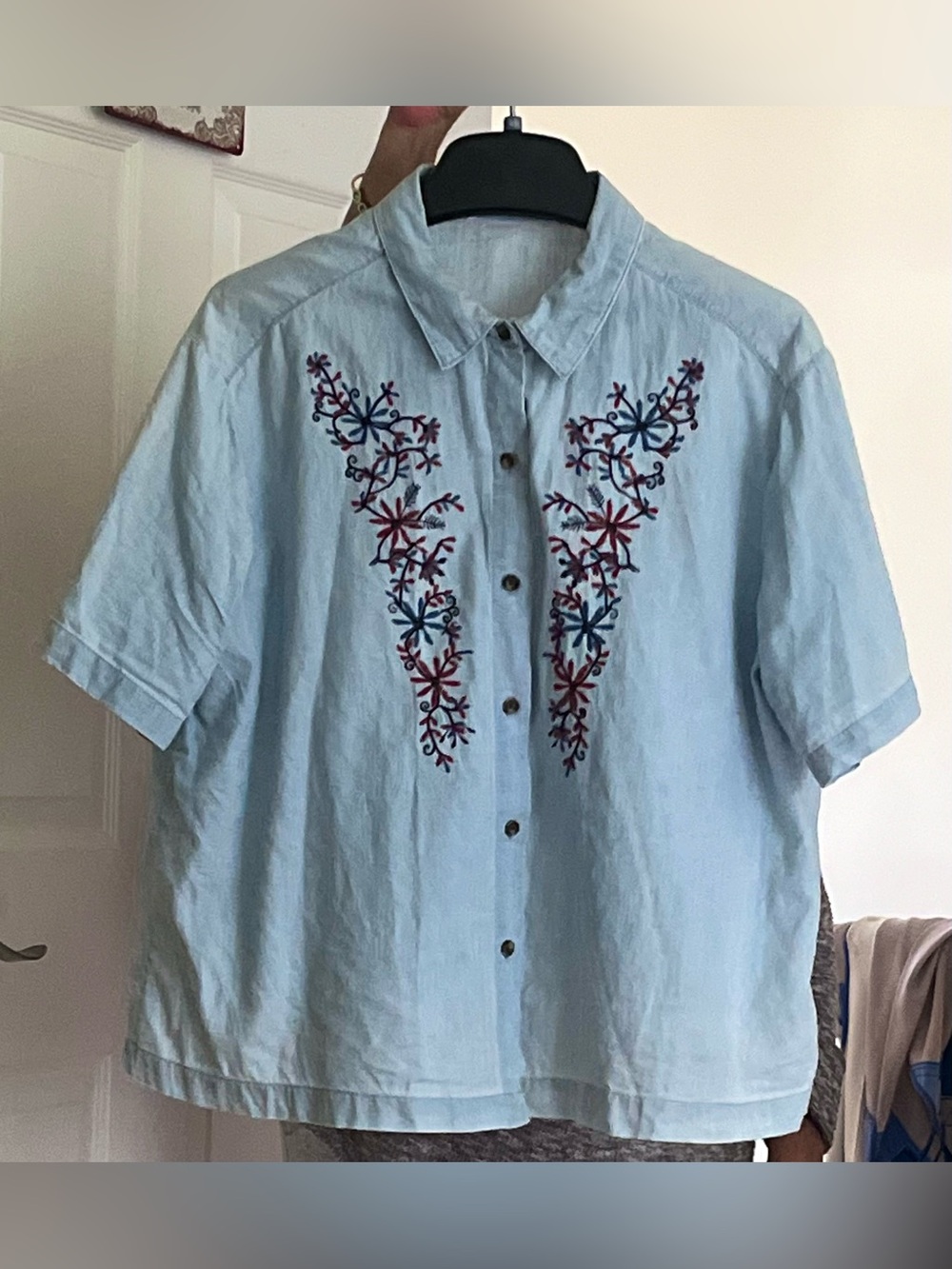 Light Blue Soft Cotton Embroidered Short-Sleeve Flowy Babydoll Button-Down Shirt